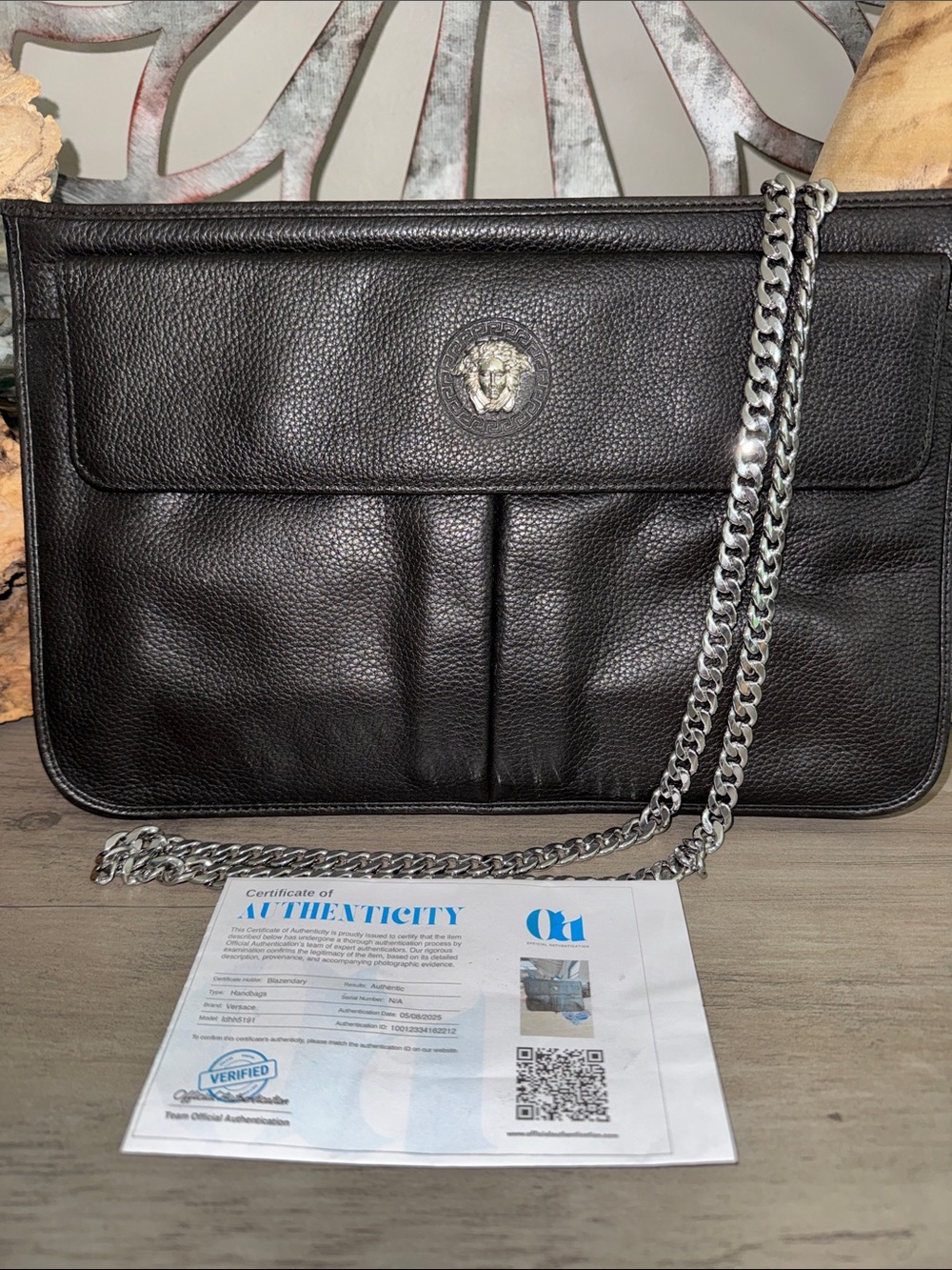 Versace Black Pebbled Leather Clutch Bag with Silver Crossbody Chain